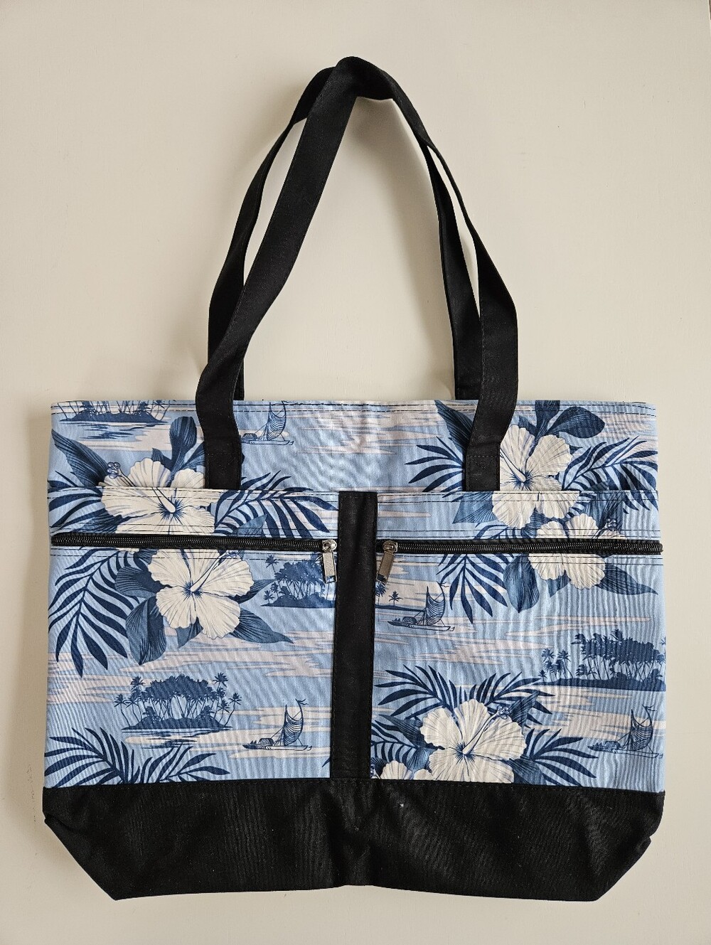Blue Floral Beach Tote with Black Trim